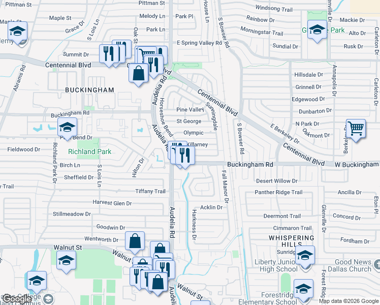 map of restaurants, bars, coffee shops, grocery stores, and more near 602 Killarney in Richardson