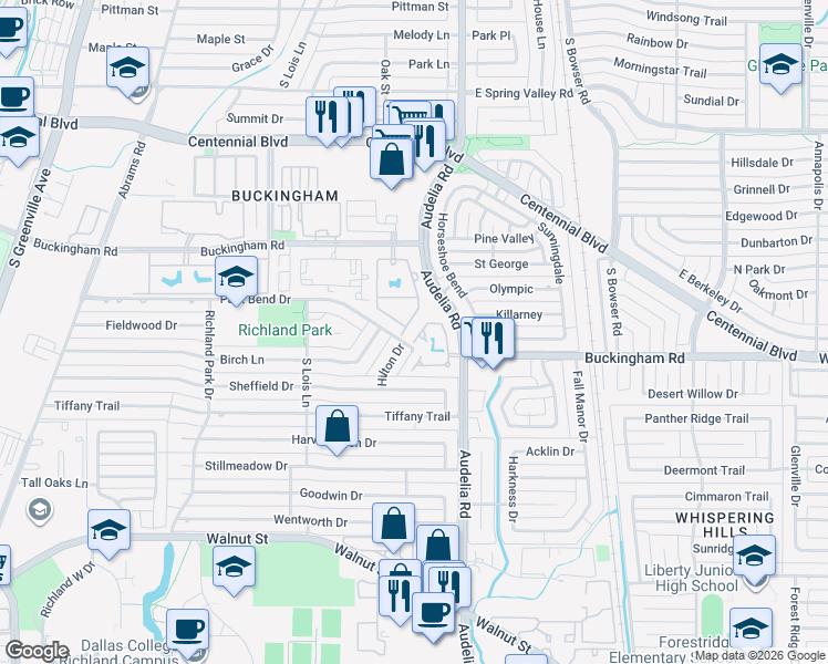 map of restaurants, bars, coffee shops, grocery stores, and more near 540 Buckingham Road in Richardson