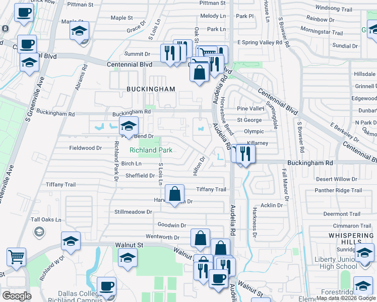 map of restaurants, bars, coffee shops, grocery stores, and more near 619-621 Park Bend Drive in Richardson