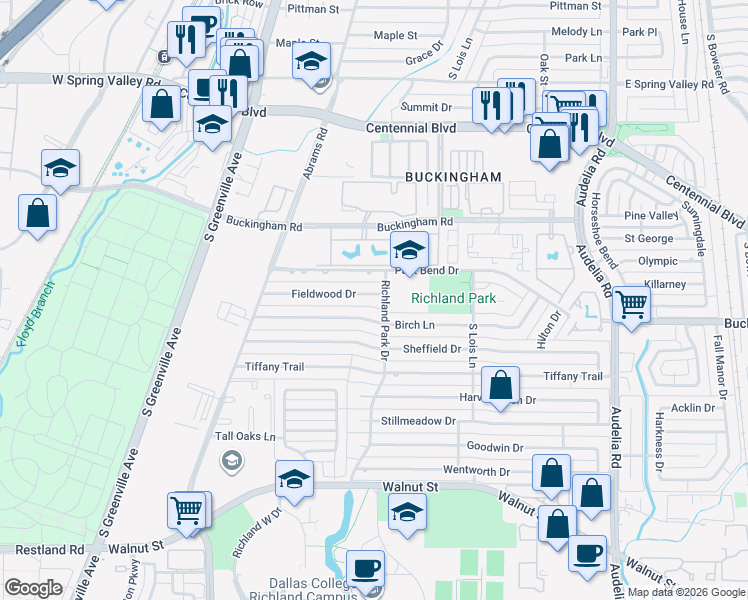 map of restaurants, bars, coffee shops, grocery stores, and more near 431 Fieldwood Drive in Richardson