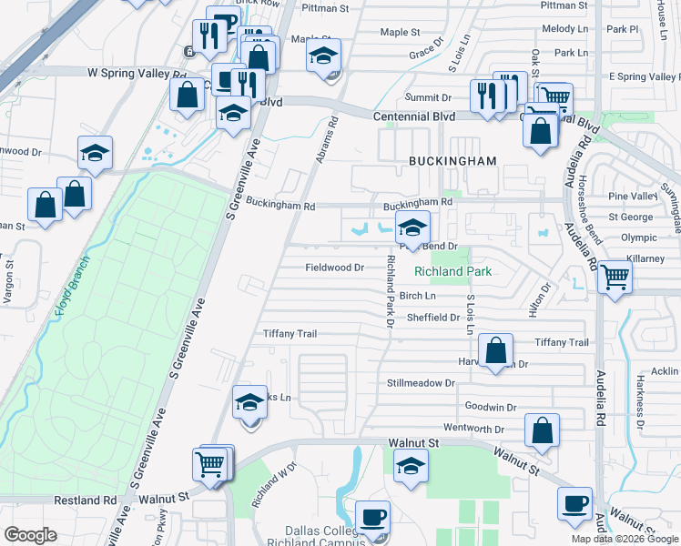 map of restaurants, bars, coffee shops, grocery stores, and more near 419 Fieldwood Drive in Richardson