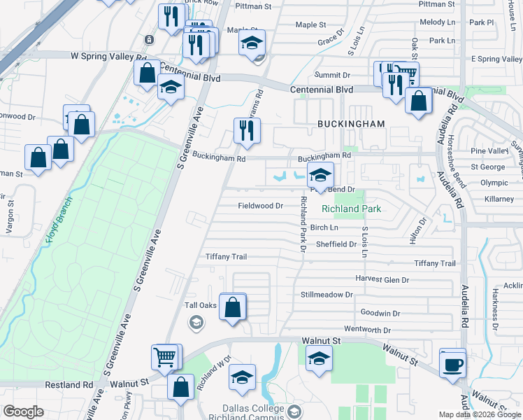 map of restaurants, bars, coffee shops, grocery stores, and more near 419 Fieldwood Drive in Richardson