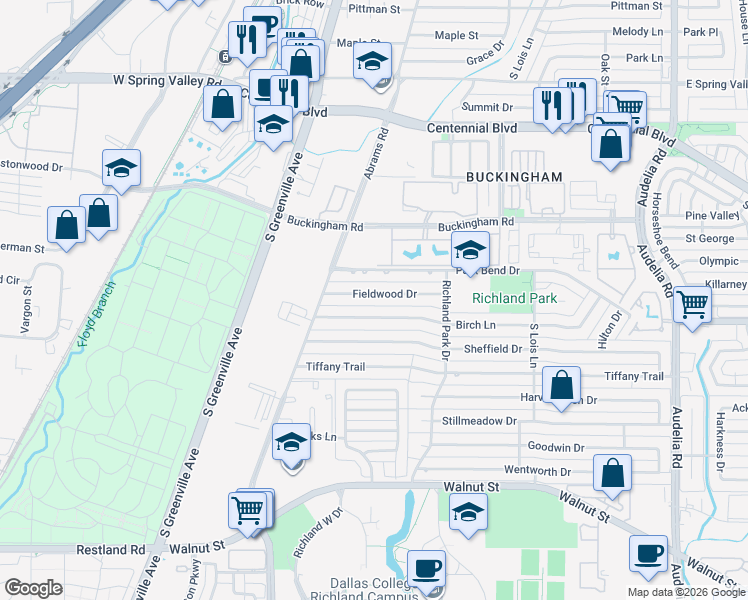 map of restaurants, bars, coffee shops, grocery stores, and more near 419 Fieldwood Drive in Richardson