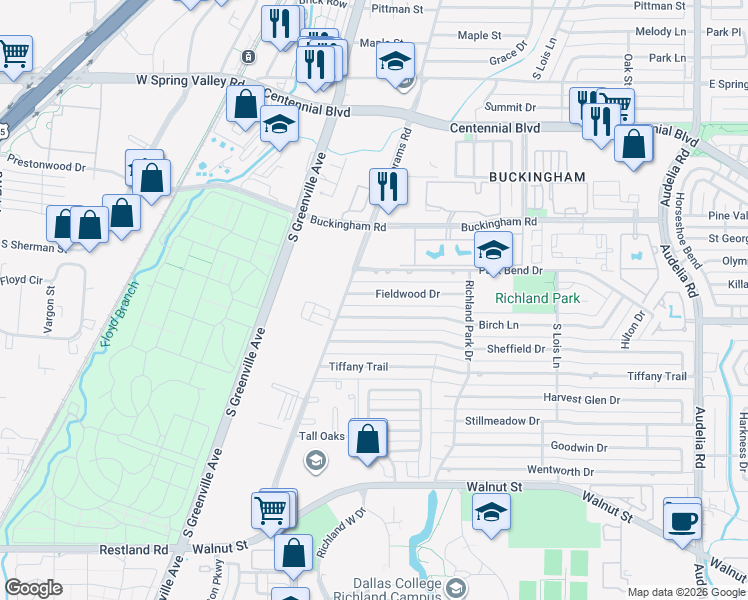 map of restaurants, bars, coffee shops, grocery stores, and more near 407 Fieldwood Drive in Richardson