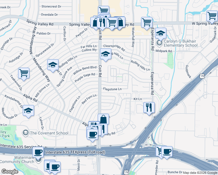 map of restaurants, bars, coffee shops, grocery stores, and more near 13618 Brookgreen Drive in Dallas