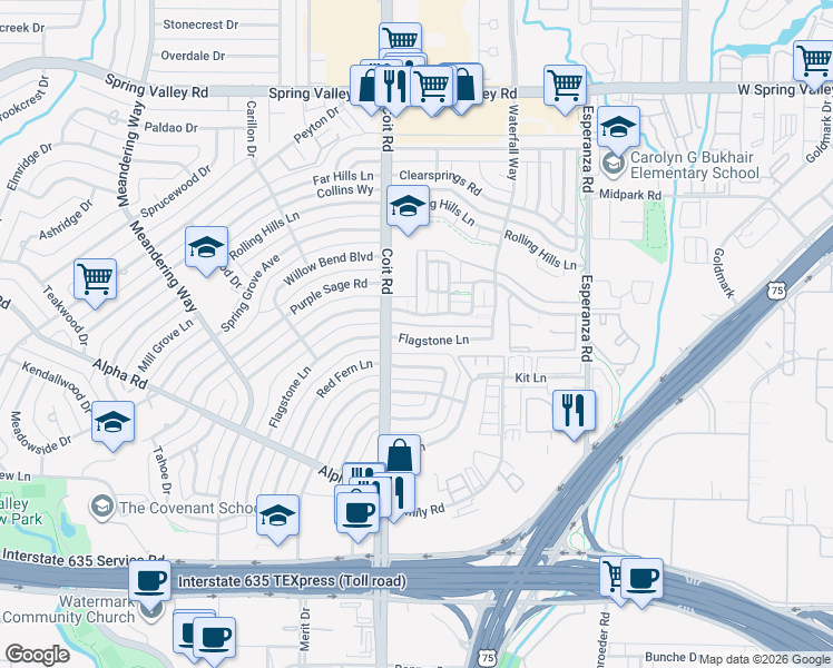 map of restaurants, bars, coffee shops, grocery stores, and more near 13618 Brookgreen Drive in Dallas