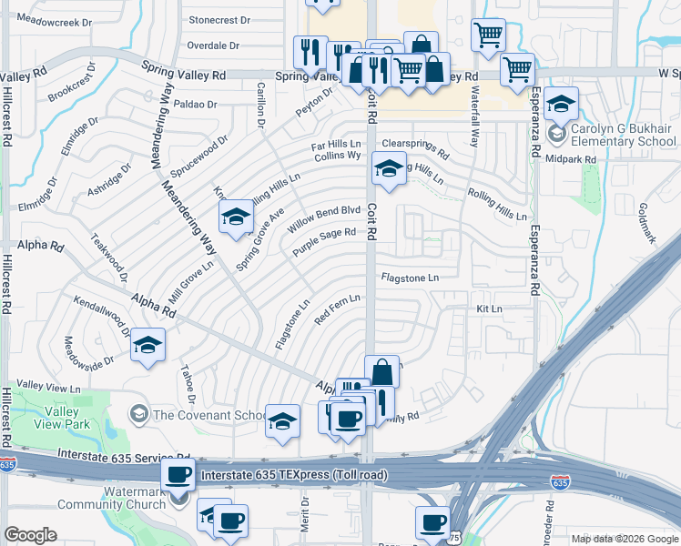 map of restaurants, bars, coffee shops, grocery stores, and more near 13530 Brookgreen Drive in Dallas