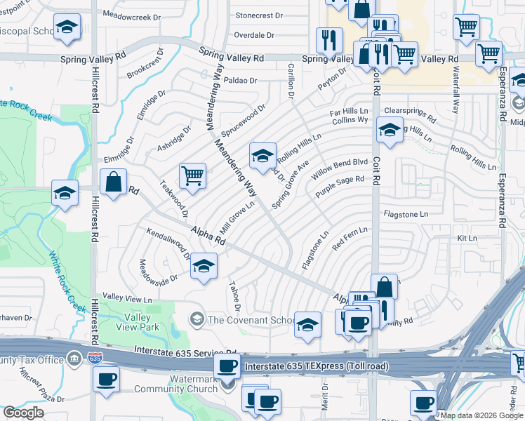 map of restaurants, bars, coffee shops, grocery stores, and more near 13455 Spring Grove Avenue in Dallas