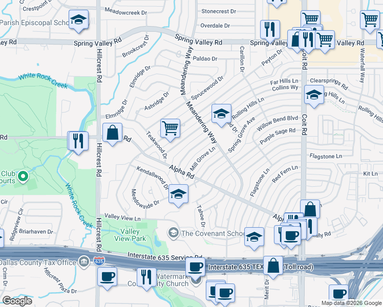 map of restaurants, bars, coffee shops, grocery stores, and more near 13407 Rolling Hills Lane in Dallas