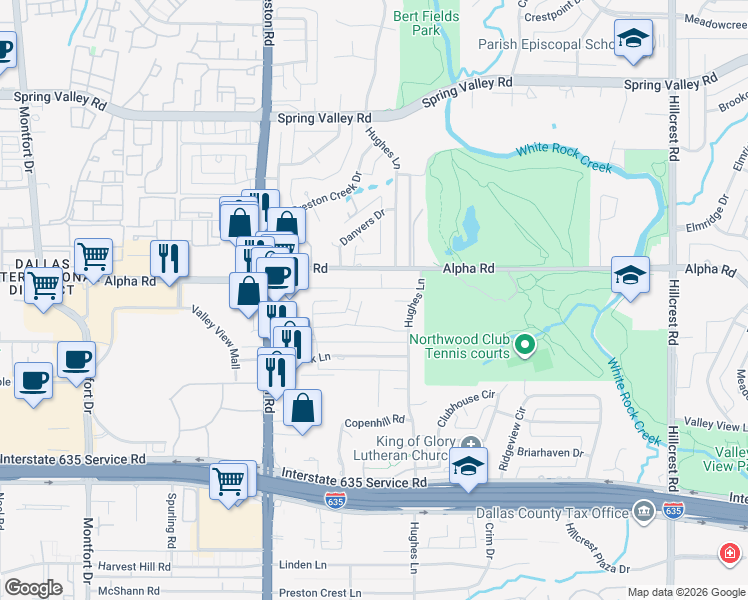 map of restaurants, bars, coffee shops, grocery stores, and more near 13421 Tangleridge Lane in Dallas
