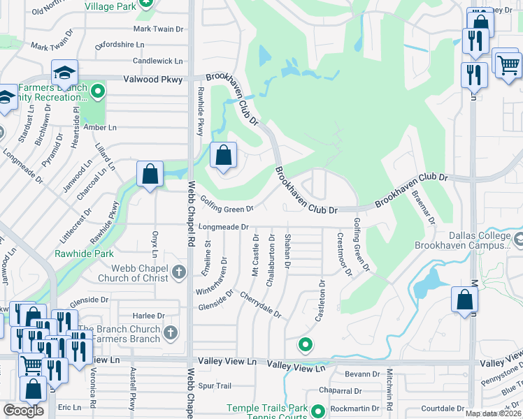 map of restaurants, bars, coffee shops, grocery stores, and more near 3260 Golfing Green Drive in Farmers Branch