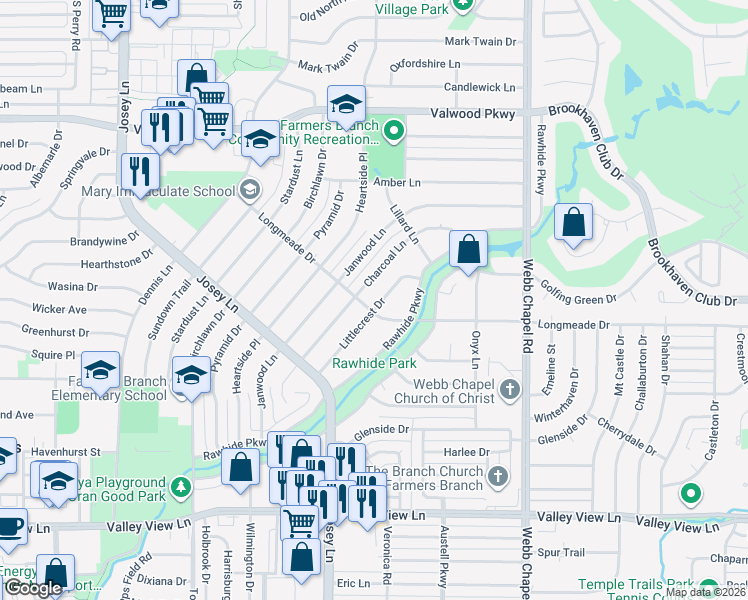 map of restaurants, bars, coffee shops, grocery stores, and more near 13729 Littlecrest Drive in Farmers Branch