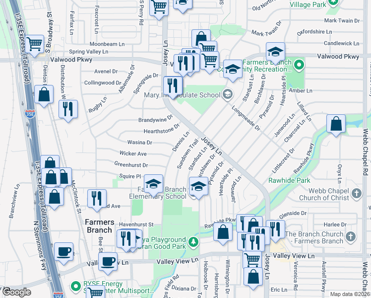 map of restaurants, bars, coffee shops, grocery stores, and more near 13847 Sundown Trail in Farmers Branch