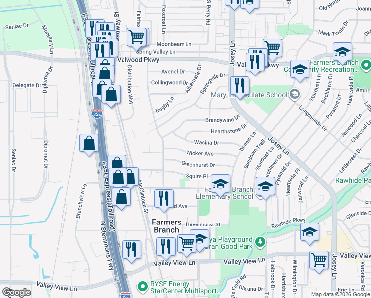map of restaurants, bars, coffee shops, grocery stores, and more near 2550 Wasina Drive in Farmers Branch
