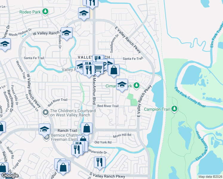 map of restaurants, bars, coffee shops, grocery stores, and more near 301 Sheridan Trail in Irving