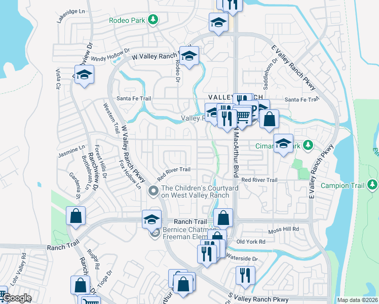 map of restaurants, bars, coffee shops, grocery stores, and more near 9017 Rodeo Drive in Irving