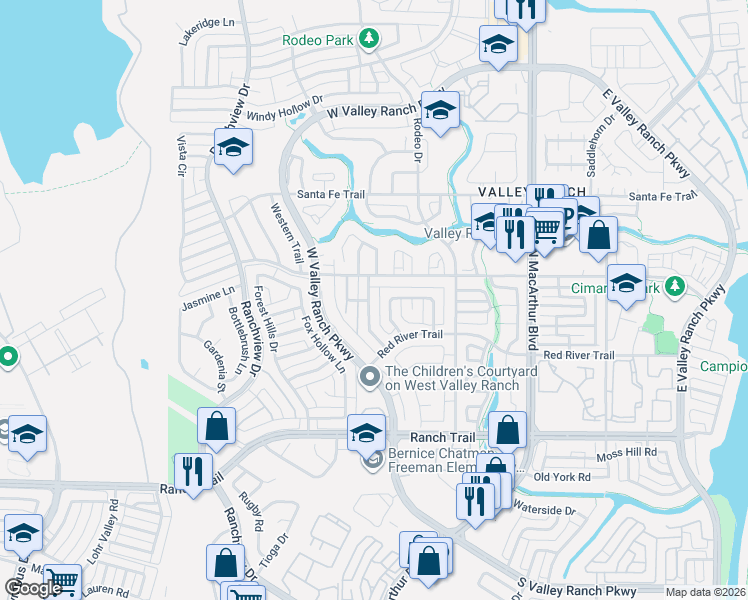 map of restaurants, bars, coffee shops, grocery stores, and more near 729 Sundance Trail in Irving