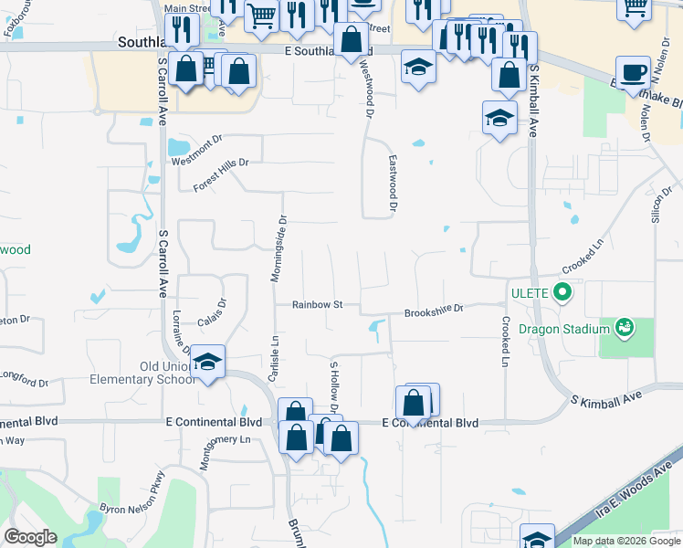 map of restaurants, bars, coffee shops, grocery stores, and more near 706 Chatham Court in Southlake
