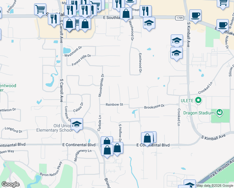 map of restaurants, bars, coffee shops, grocery stores, and more near 707 Kent Court in Southlake