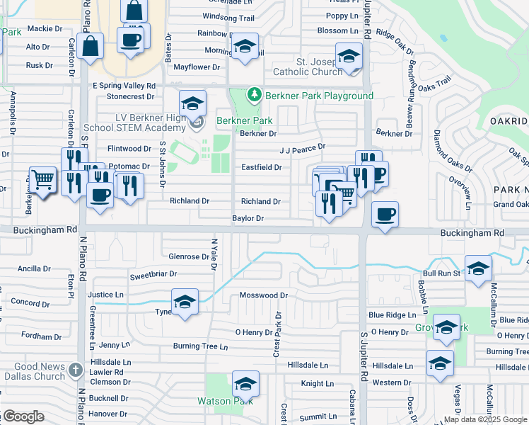 map of restaurants, bars, coffee shops, grocery stores, and more near 1901 Baylor Drive in Richardson