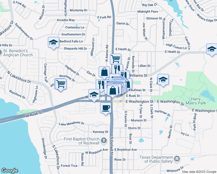 map of restaurants, bars, coffee shops, grocery stores, and more near 301 North Goliad Street in Rockwall
