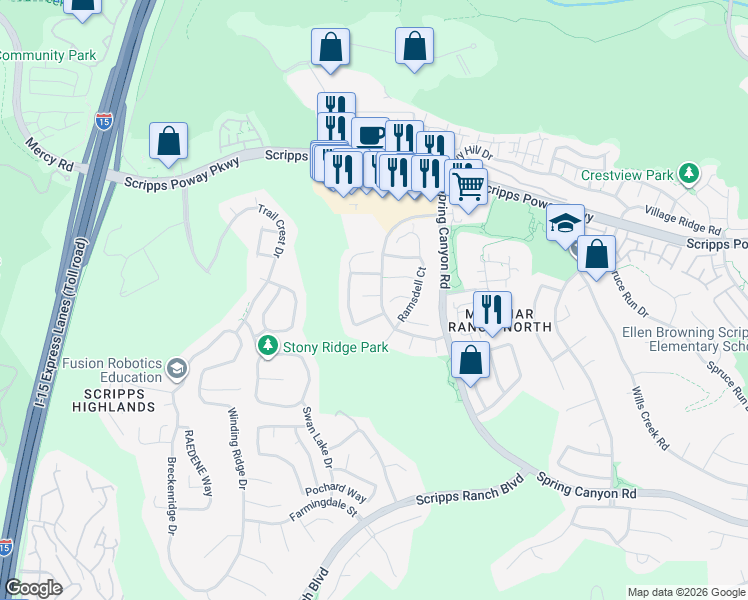 map of restaurants, bars, coffee shops, grocery stores, and more near 10651 Eglantine Court in San Diego