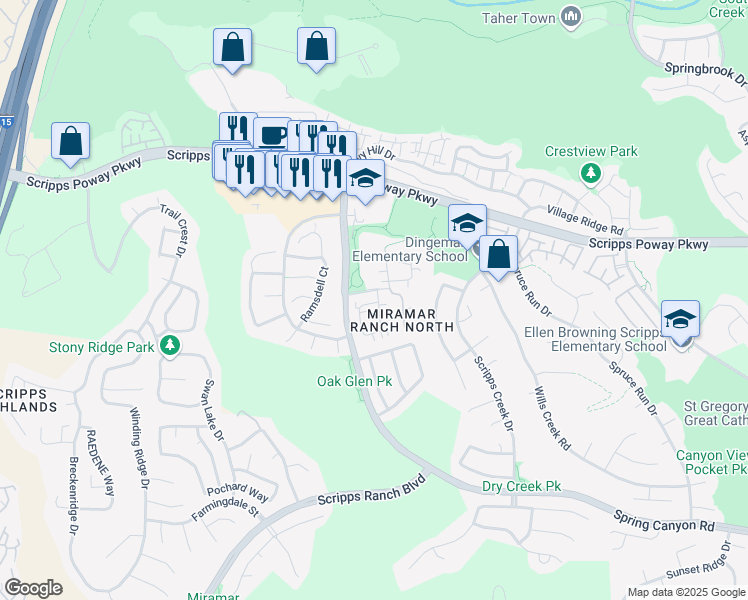 map of restaurants, bars, coffee shops, grocery stores, and more near 10813 Caminito Arcada in San Diego