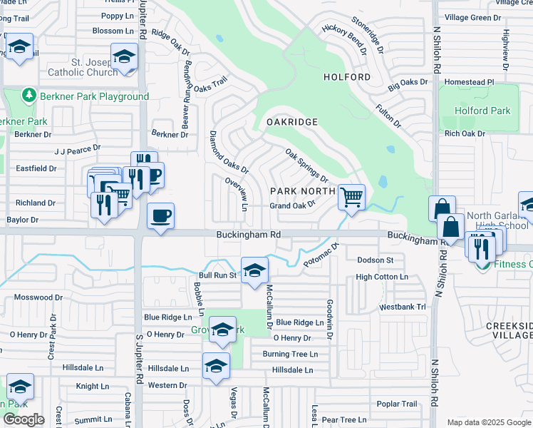 map of restaurants, bars, coffee shops, grocery stores, and more near 2013 Rolling Oak Lane in Garland