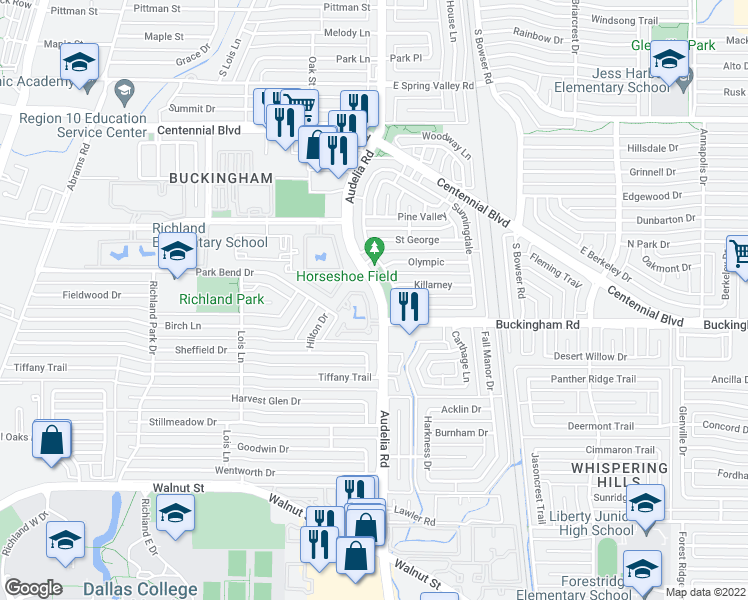 map of restaurants, bars, coffee shops, grocery stores, and more near 1073 Lake Ridge Drive in Richardson