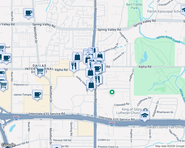 map of restaurants, bars, coffee shops, grocery stores, and more near 13535 Preston Road in Dallas