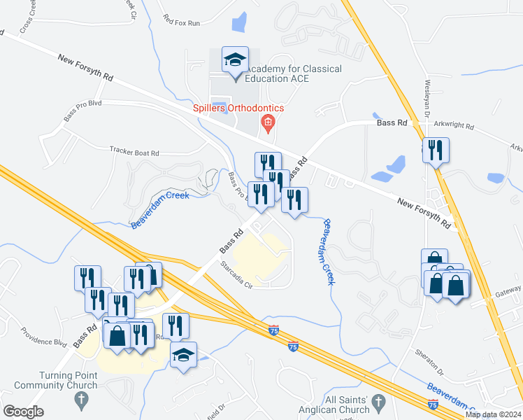 map of restaurants, bars, coffee shops, grocery stores, and more near 1676 Bass Road in Macon