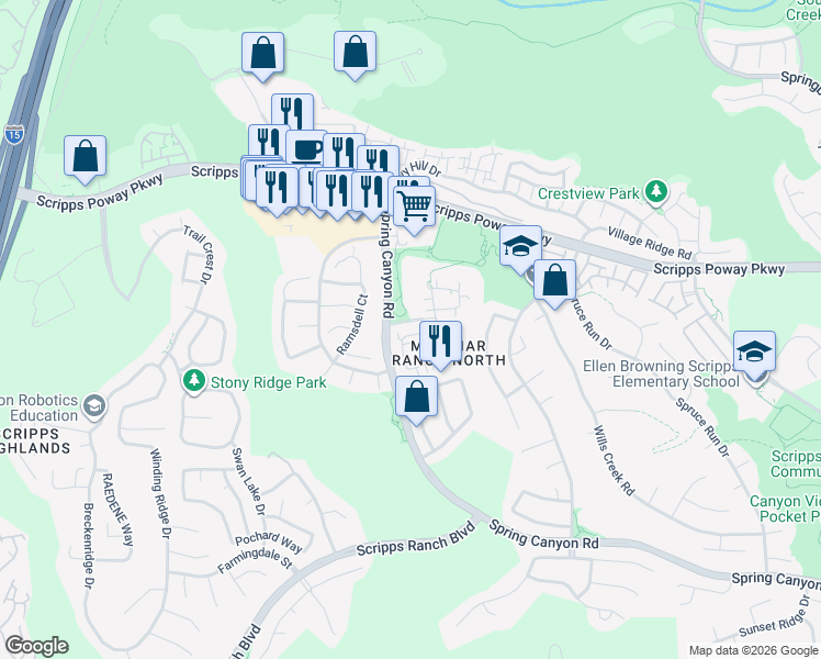 map of restaurants, bars, coffee shops, grocery stores, and more near 10808 Caminito Arcada in San Diego
