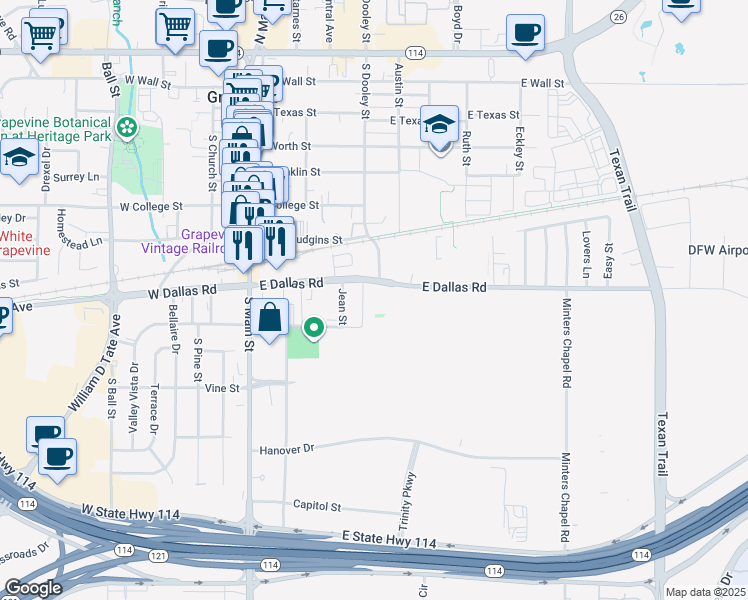 map of restaurants, bars, coffee shops, grocery stores, and more near 507 East Dallas Road in Grapevine