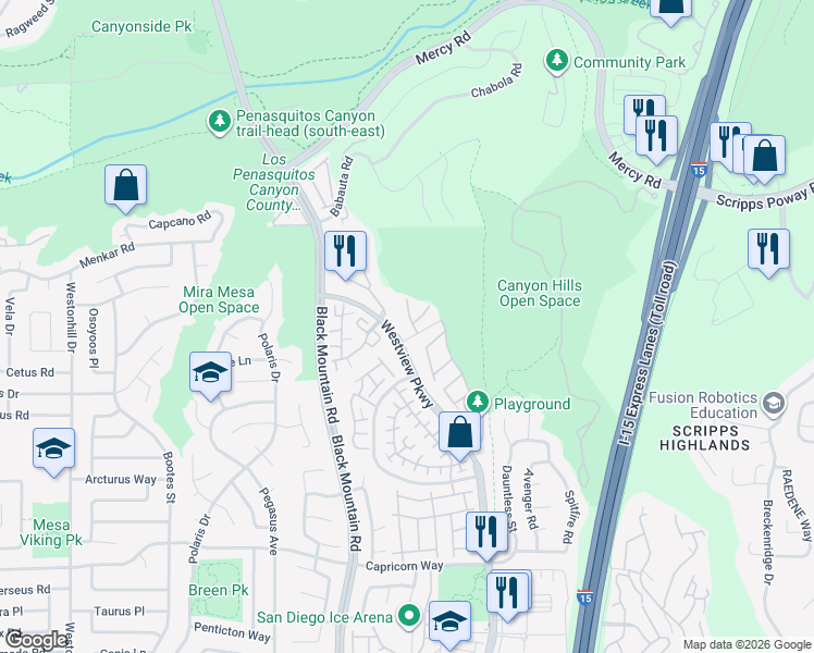 map of restaurants, bars, coffee shops, grocery stores, and more near 9408 Questa Pointe in San Diego