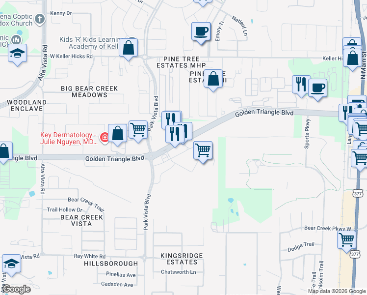 map of restaurants, bars, coffee shops, grocery stores, and more near 5300 Golden Triangle Boulevard in Fort Worth