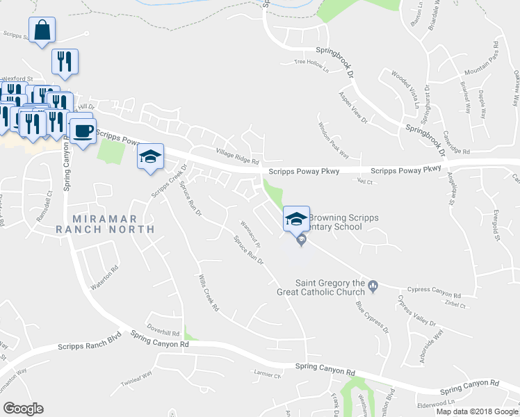 map of restaurants, bars, coffee shops, grocery stores, and more near 11802 Cypress Canyon Road in San Diego