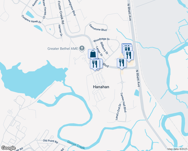 map of restaurants, bars, coffee shops, grocery stores, and more near 2000 Channel Park Drive in Hanahan