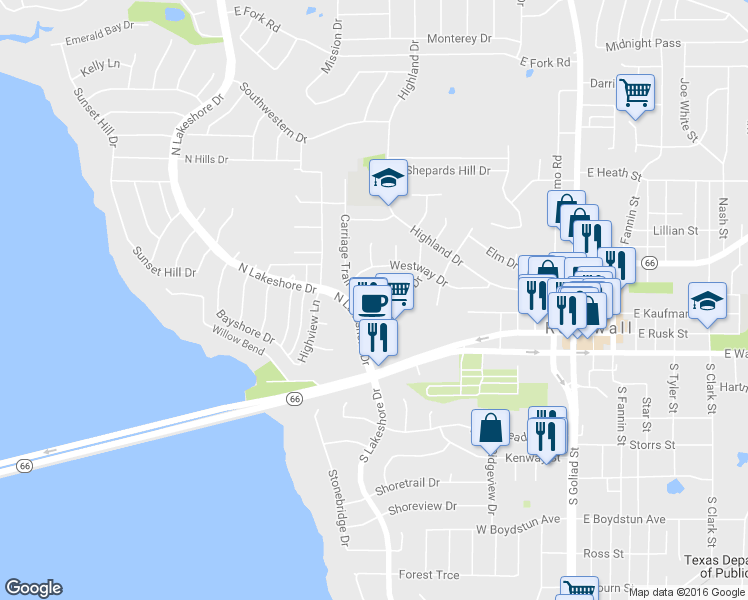 map of restaurants, bars, coffee shops, grocery stores, and more near 301 Carriage Trail in Rockwall
