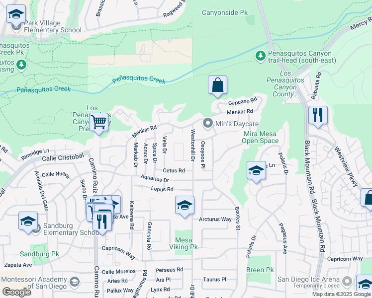 map of restaurants, bars, coffee shops, grocery stores, and more near 11361 Volans Street in San Diego