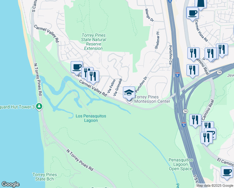 map of restaurants, bars, coffee shops, grocery stores, and more near 2505 Via Pisa in Del Mar