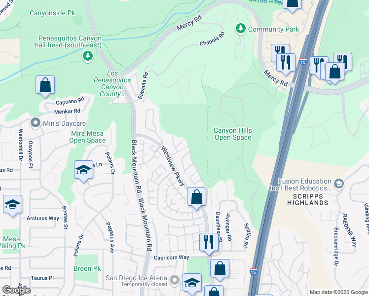 map of restaurants, bars, coffee shops, grocery stores, and more near 9500 Questa Pointe in San Diego