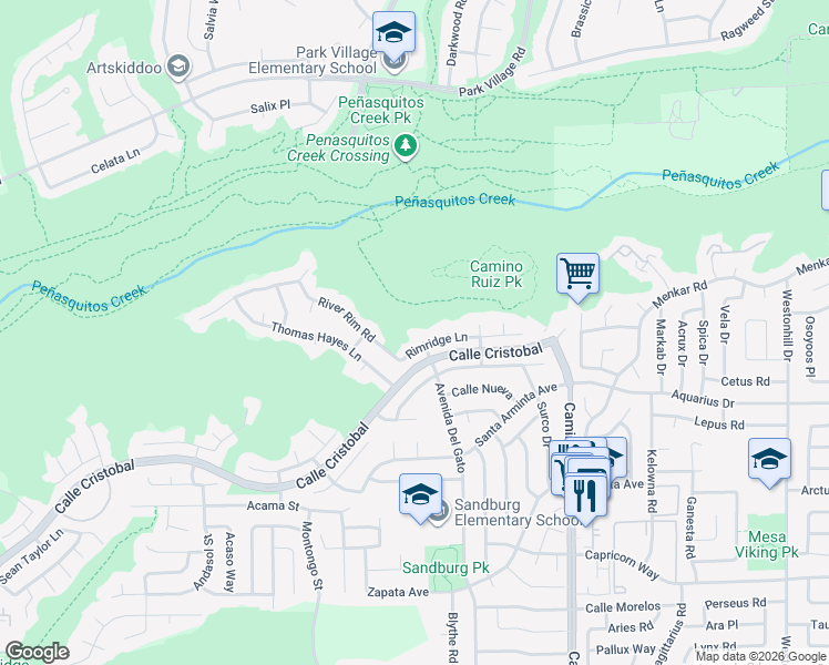 map of restaurants, bars, coffee shops, grocery stores, and more near 11588 Avenida Del Gato in San Diego