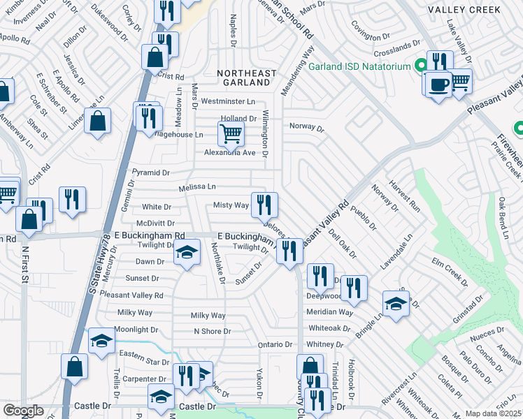 map of restaurants, bars, coffee shops, grocery stores, and more near 1116 Misty Way in Garland