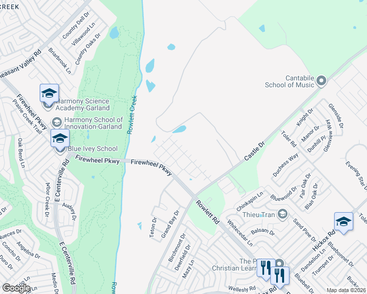 map of restaurants, bars, coffee shops, grocery stores, and more near 2900 Castle Drive in Garland