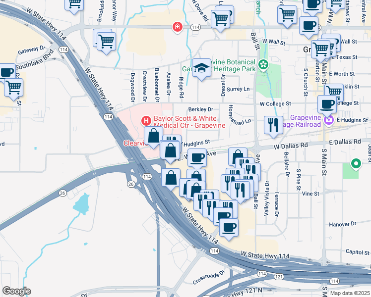 map of restaurants, bars, coffee shops, grocery stores, and more near 1261 West Hudgins Street in Grapevine