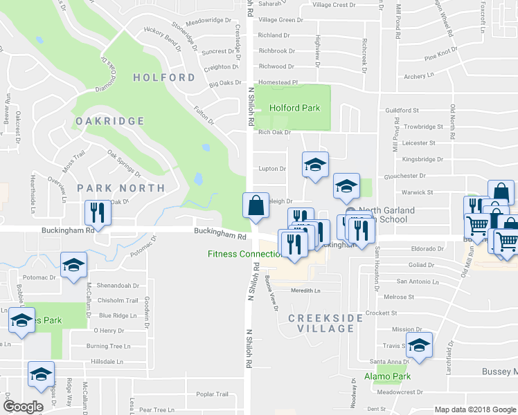 map of restaurants, bars, coffee shops, grocery stores, and more near 2052 North Shiloh Road in Garland