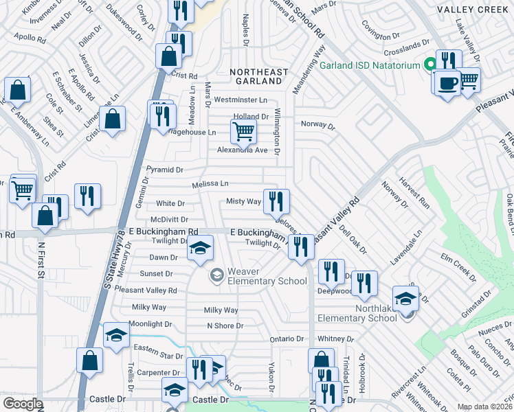 map of restaurants, bars, coffee shops, grocery stores, and more near 1110 Misty Way in Garland