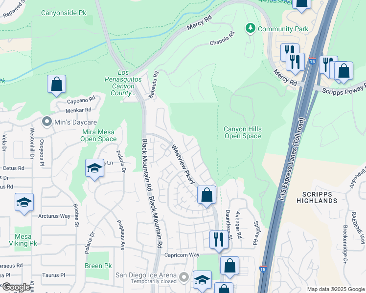 map of restaurants, bars, coffee shops, grocery stores, and more near 9408 Questa Pointe in San Diego