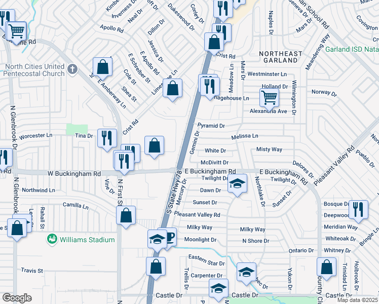 map of restaurants, bars, coffee shops, grocery stores, and more near 2017 Gemini Drive in Garland