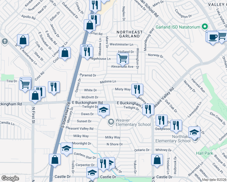 map of restaurants, bars, coffee shops, grocery stores, and more near 1010 Misty Way in Garland